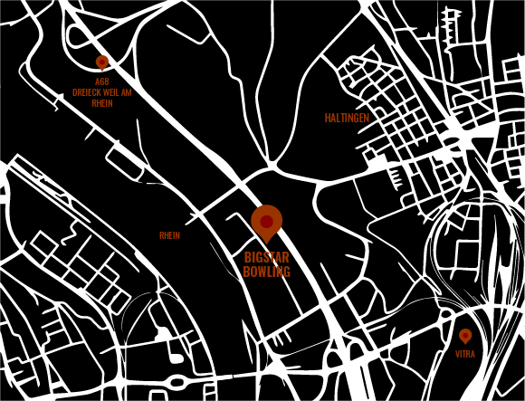 Der Standort von Bigstar Bowling auf einer schwarzen Karte. Die Straßen sind alle weiß dargestellt.